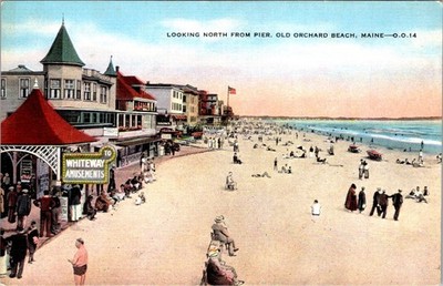Old Orchard Beach ME Linen Postcard 1940s Pier Whiteway Amusements Crowd