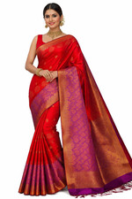 Red Soft Silk Saree with Purple Zari Pallu, Traditional Paisley Butta Saree