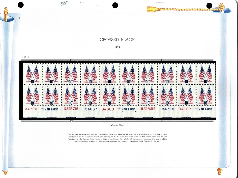 1973 U.S. Regular Issue CROSSED FLAGS MULTI- Plt#Blk Strip 20 Sc#1509 M/NH/OG^ - Image 2 of 3