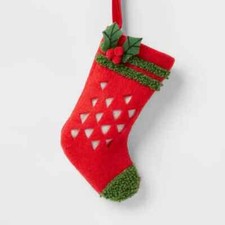 Mini Fabric Stocking with Triangle Cutouts Christmas Tree Ornament Red Mistletoe