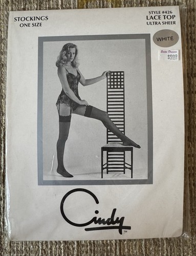Cindy One Size White Lace Top Thigh High Stockings Ultra Sheer Nylon England NEW