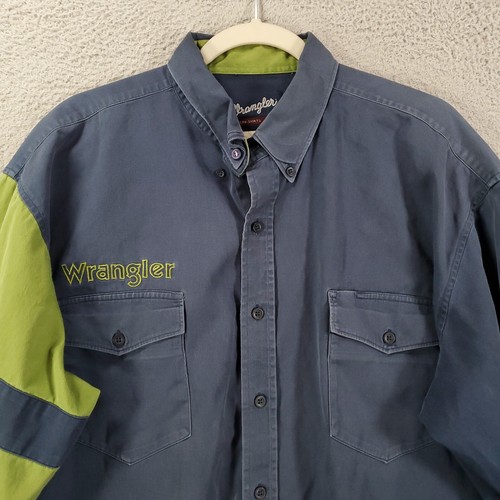 Vintage Wrangler Button Up Mens 2XL Brush Poper Spellout Embroidered Blue Green - Picture 3 of 14