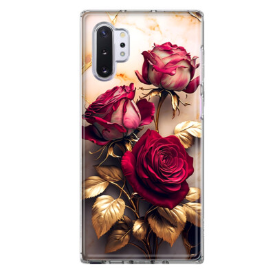 For Samsung Galaxy Note 10 Plus Shockproof Hybrid Case, Gold Marble Red Roses