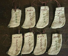 8 Vintage Style Stitched Embroidered Christmas Tree stockings Jingle Bells Noel