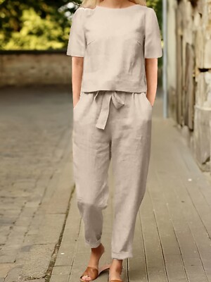 Womens 2 Piece Outfits Linen Matching Set Short Sleeve T Shirts & Capri Pants f