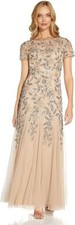 Adrianna Papell Women's Floral Beaded Godet Gown, Taupe/Pink, 2 $320