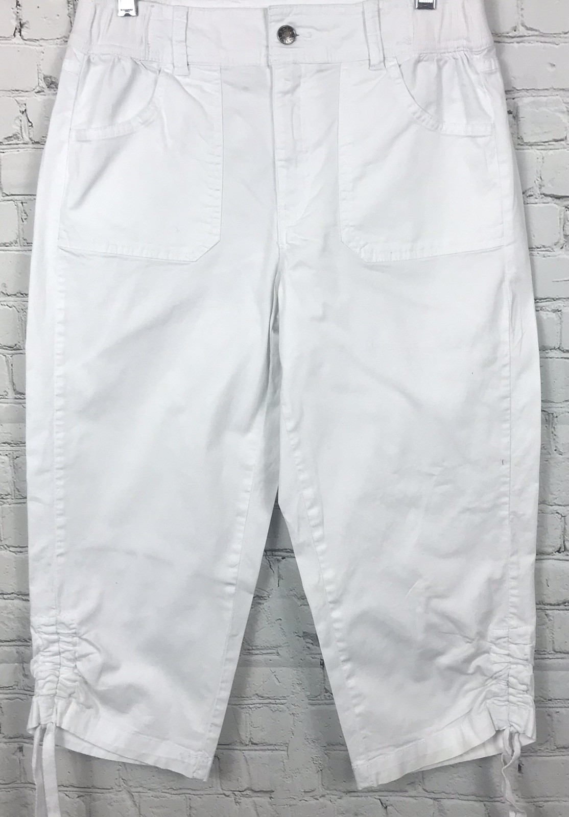 Basic Editions Women's White Cargo Capri Pants Sz S Draw String Ruched