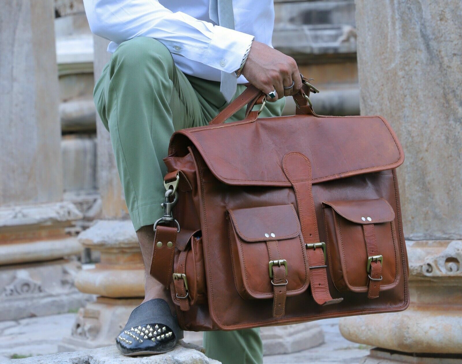 Leather Messenger Bag Men's women Satchel Laptop Shoulder bag Large Briefcase 