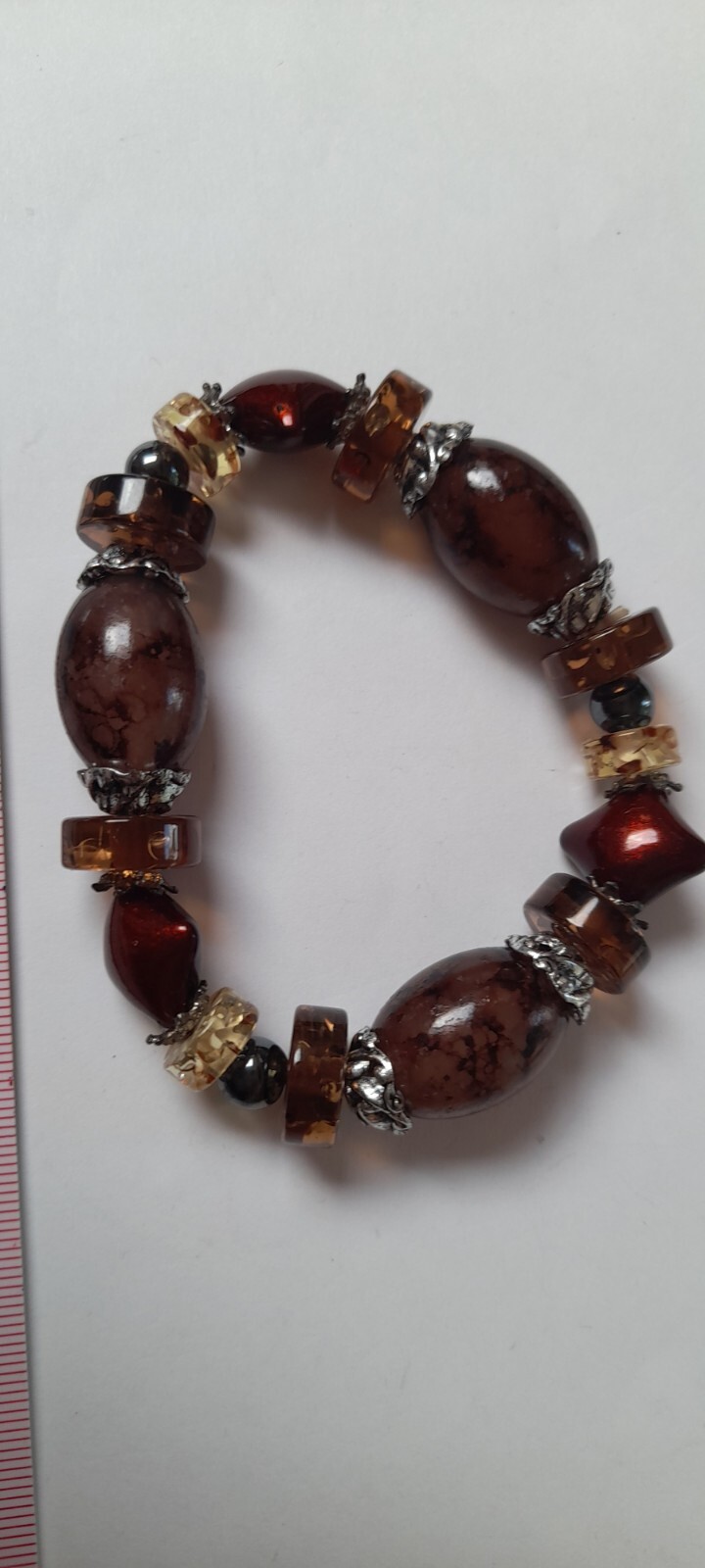 Elastic Brown & Silver Marble Amber Effect Bracelet (K)  -image