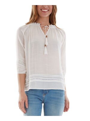 BCX Junior's White Cut Out Tasseled 3/4 Sleeve Tie Neck Top Size L Off White