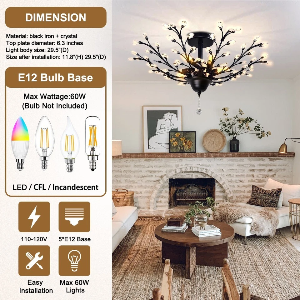 复古 31 英寸黑色花朵水晶吊灯半冲洗天花板灯具 5 灯 — 第 4/4 张图片