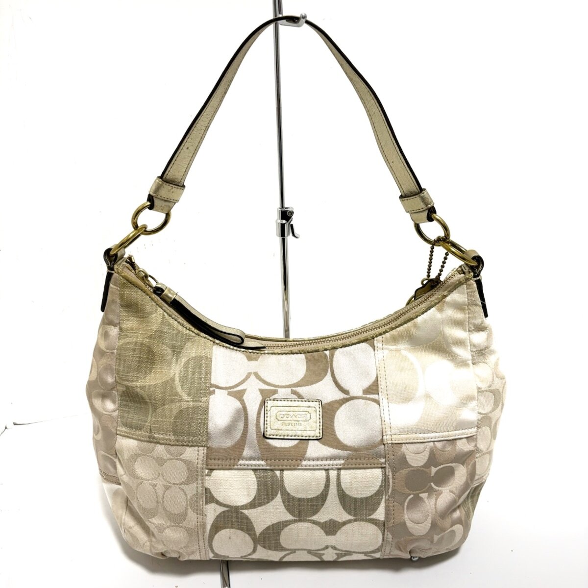 Auth COACH - F19195 Cream Beige Khaki Jacquard Hemp Leather 