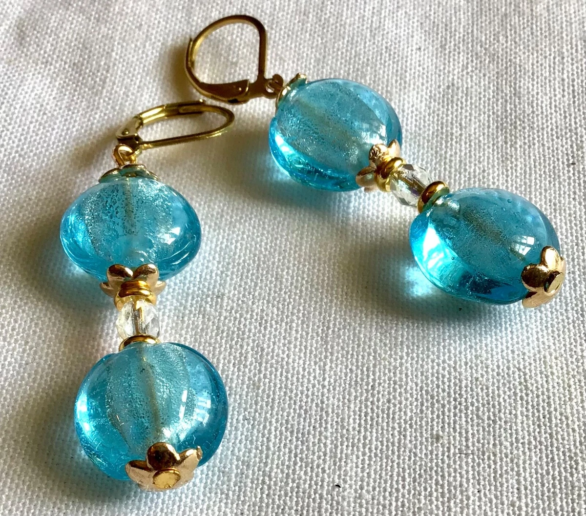 Boucles D'oreilles Pendantes Perles De Verre Murano Et Millefiori - Bleu, Argent