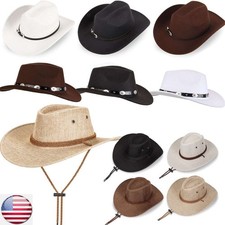 Mens Womens Summer Sun Bucket Cap Cowboy Fedora Linen Straw Mesh Hat Wide Brim