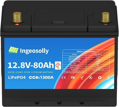 INGEOSOLLY 12V 80AH 1300CCA Lithium Batterie LiFePO4 Autobatterie Starterbatterie Akku EU