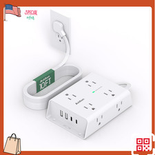 10ft Flat Plug Extension Cord  Surge Protector  8 Outlets  4 USB 2 USB-C 