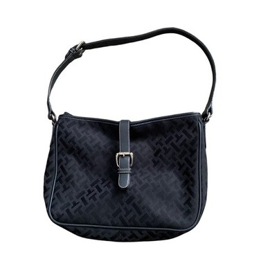 Talbots Black Logo Shoulder Bag Purse Canvas Leather Trim Zip Snap Closure 