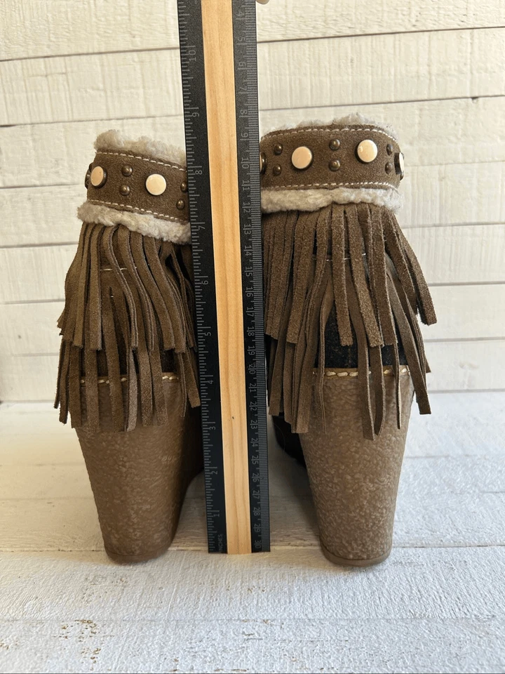 Sam Edelman Kemper Botas de Cuña con Flecos Talla 11M Marrón Gamuza Con Cordones Piel de Oveja Tri Foto 3 de 4