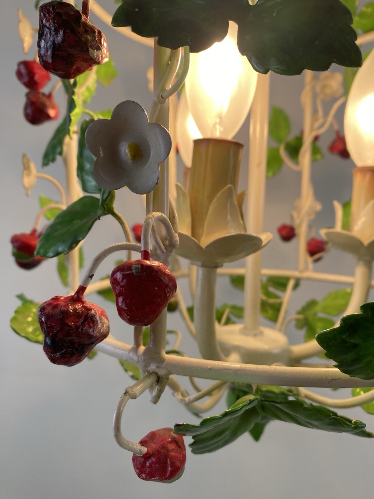 Vintage Italian Tole Strawberry Chandelier Fixture Birdcage Metal Three Sockets