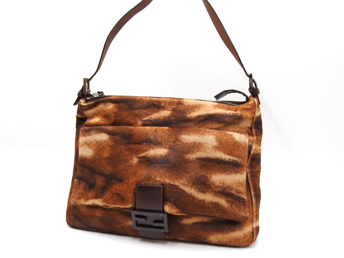 FENDI Leopard Mamma Baguette Shoulder Hand Bag Leather Brown