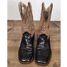 Old West leather youth boots sz9 UK025 fancy stitch broad square toe black brown