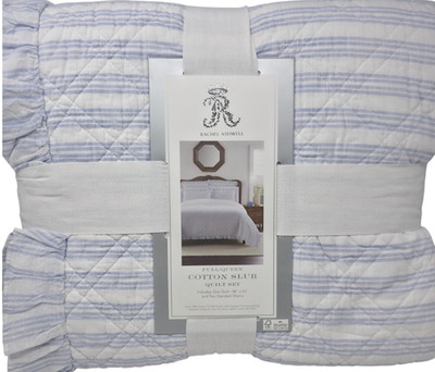 Rachel Ashwell Shabby Chic Cotton Slub Quilt Set Full Queen Blue Stripe