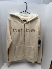 bebe sport Glitter Logo Fur Hood Full Zip Hoodie Creme Brulee M BB2414E