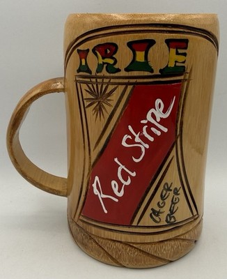 Vintage Wooden Beer Mug Stein Red Stripe Jamaica Style Handcrafted Collectible