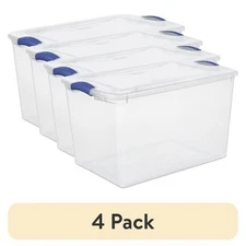 (4 pack) Sterilite Large Storage Bin, 66 Quart Clear Plastic Storage Container