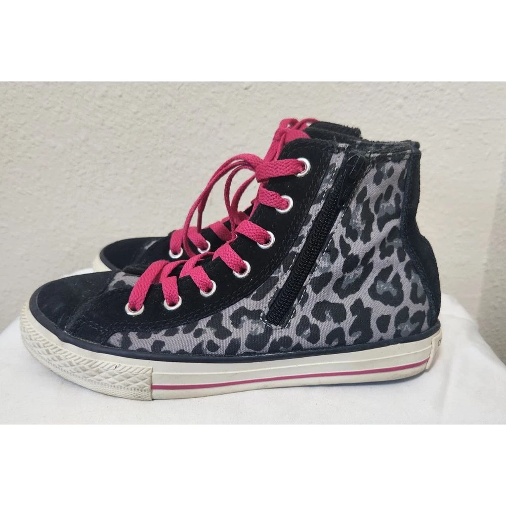 Converse nuove senza etichette ragazza nere grigie leopardate rosa caldo lacci zip alte taglia 2