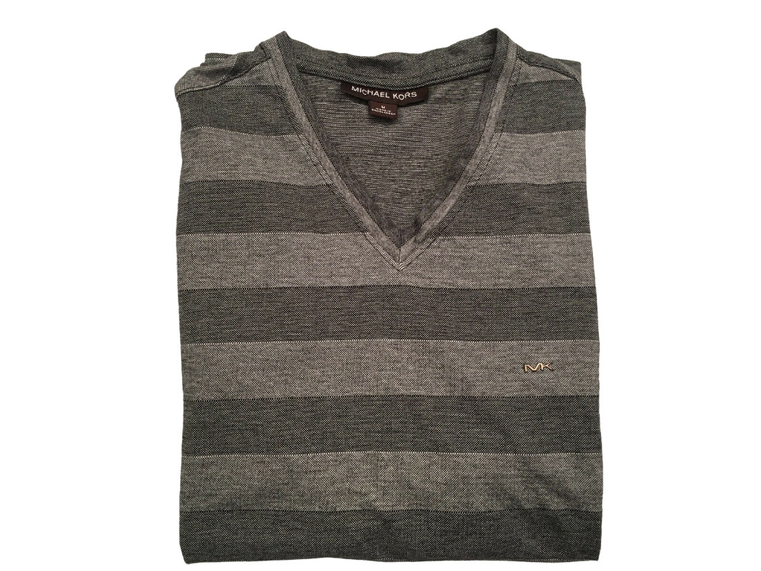 Michael Kors Men's Two-Tone Gray Striped V-Neck S/S Pullover Cotton Shirt Size M