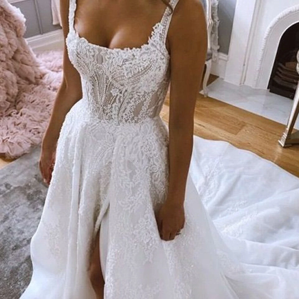 Wedding Dresses Spaghetti Strap Backless Side Slit Lace Bridal Gowns Sweep Train - Image 3 of 4