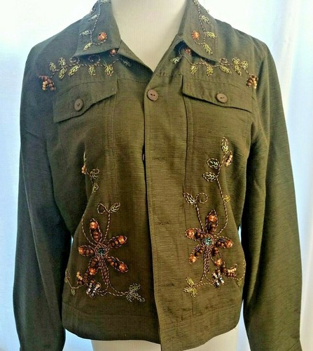 Carole Little Green Silk Jacket Embroidered Beaded Floral Large VTG - Picture 2 of 11