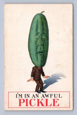 Man w Cucumber Head ''In An Awful Pickle'' Antique Vegetable Fantasy Aphorism
