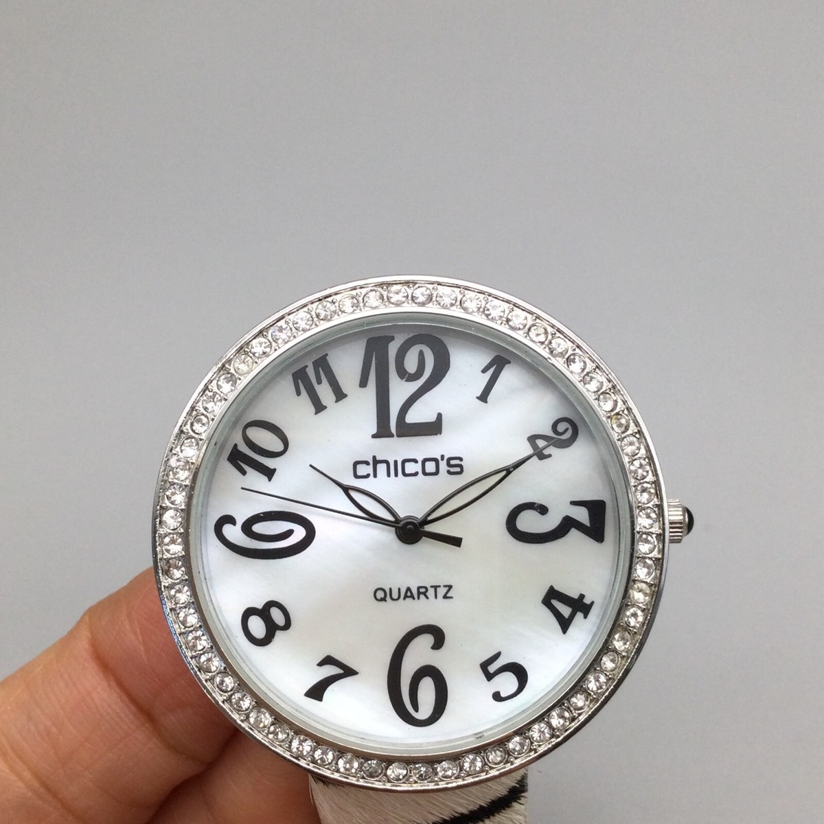 Chicos Watch Women 39mm Pave Silver Tone MOP FAUX Zebra Band  display picture 3