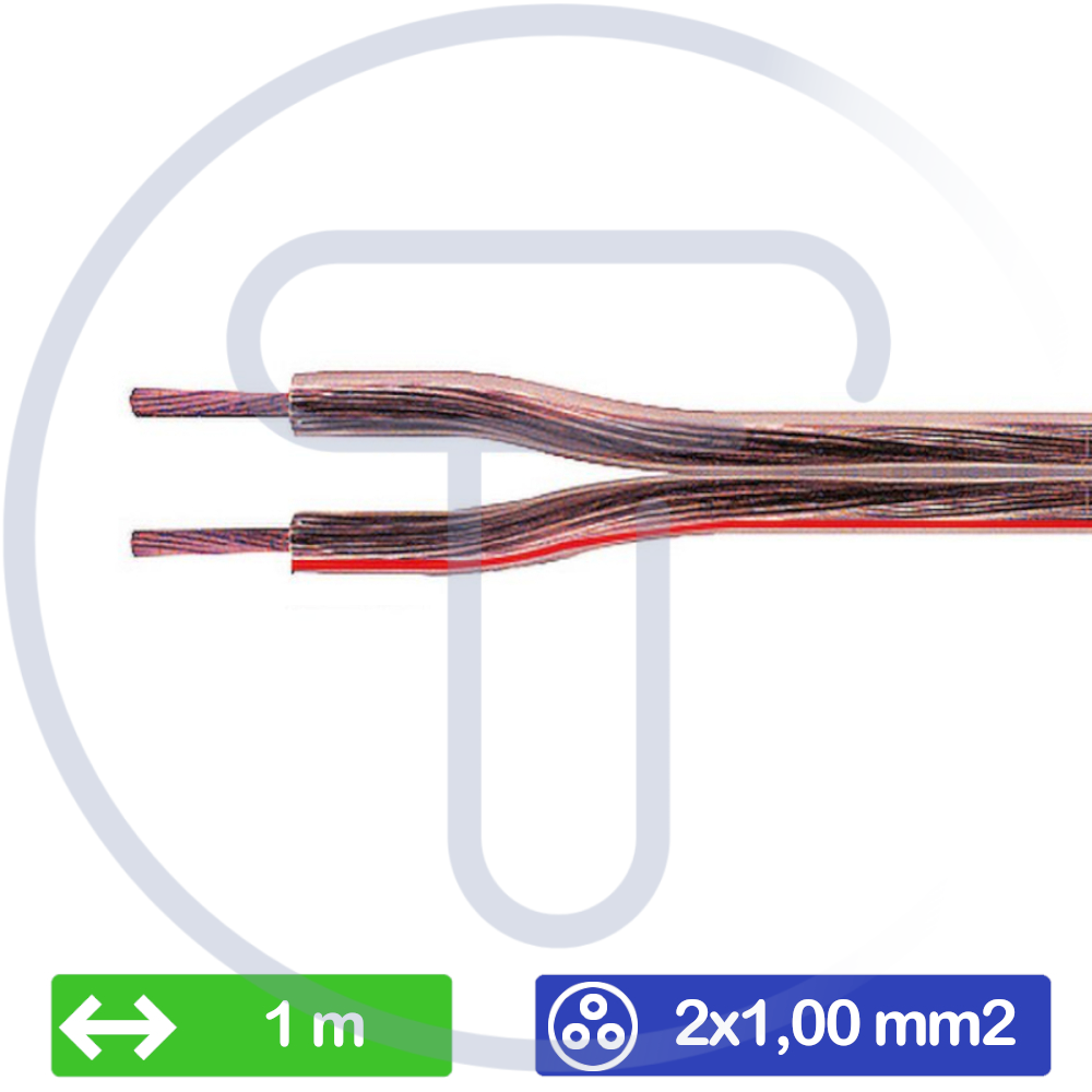 Cavo a piattina 2x1,00 mm2, 1 metro , CCA, guaina pvc, diam 5mm polarizzato