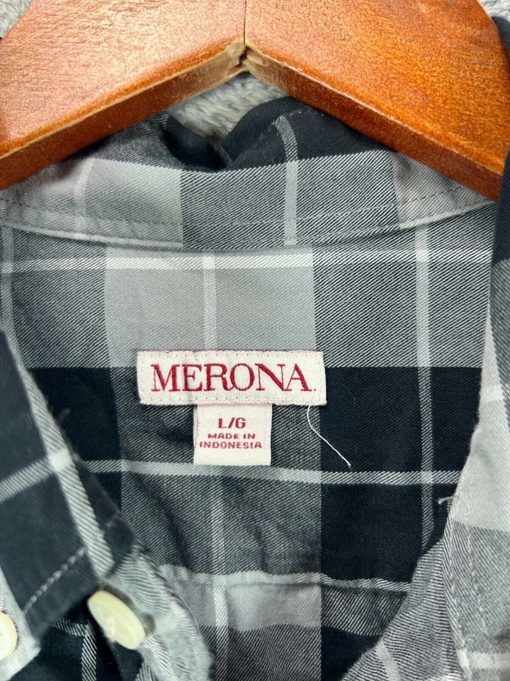 Camisa negra grande MERONA para hombre a cuadros con botones gris manga larga 100 % algodón Foto 4 de 4