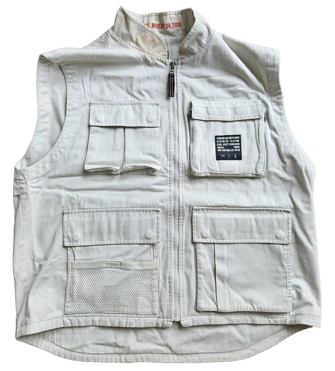 Vintage Structure Y2k Mens Vest Jacket XL Khaki Cargo Utility Vest 90's