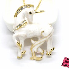 Fashion Women Lovely White Enamel Unicorn Crystal Pendant Sweater Chain Necklace