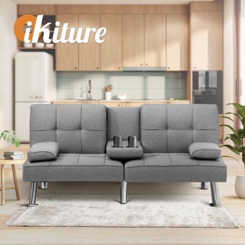 Oikiture Sofa Bed Lounge 3 Seater Futon Couch Beds Recliner Cup Holder Fabric - Picture 6 of 10