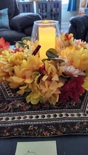13" Fall Floral Table Centerpiece With Glass Candle Holder, Candle Not Included