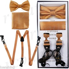 New in box Men's Convertible Elastic Strap glitter gold Suspender Bowtie Hankie