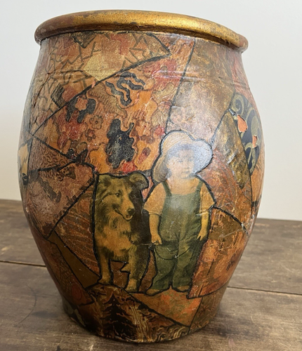Antiker Rotguss Volkskunst Decoupage verzierter Topf Hohlraum um 1845 - Bild 10 von 24