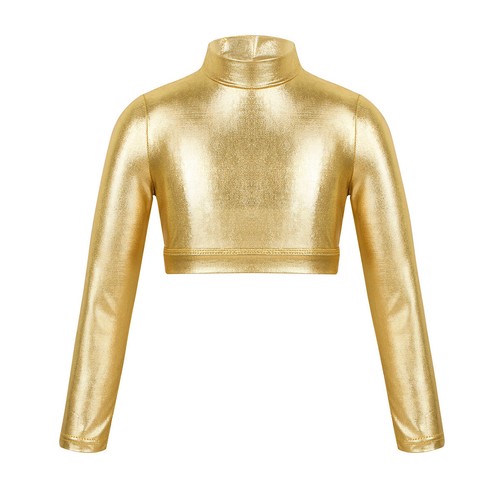Kids Girls Shiny Crop Top Long Sleeves T-Shirt Tops for Gymnastics Hip-Hop Dance - Picture 14 of 70