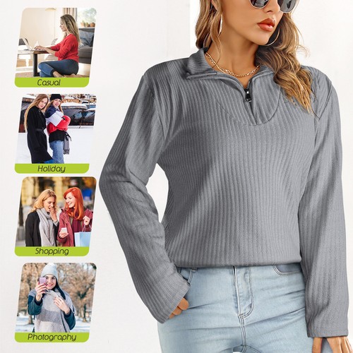 Women’s Casual Long Sleeve Half Zip Pullover Sweaters Solid V Neck Collar Top - Picture 10 of 41