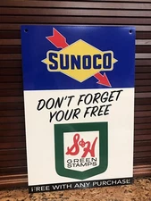 Sunoco Gasoline S&H Green Stamps metal sign baked Oil Gas