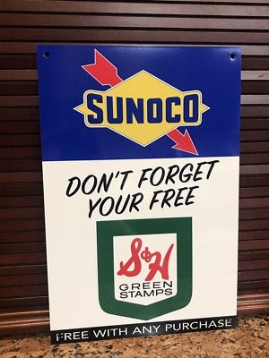 #ad #ad Sunoco Gasoline Samp;H Green Stamps metal sign baked Oil Gas $23.00