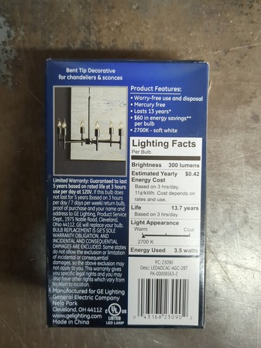 GE Soft White 40W LED Light Bulbs Decorative Clear Bent Tip 2-Pack Dimmable - Picture 2 of 5