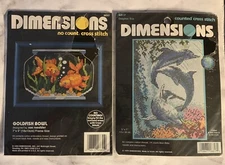 2 X Dimensions Cross Stitch Kits Dolphins Goldfish~ New (Hole In Outer Plastic)