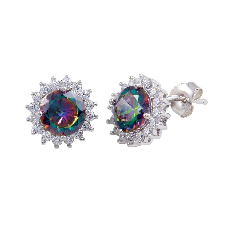 STUD EARRINGS MYSTIC TOPAZ CENTER & SIMULATED DIAMONDS S925 STERLING SILVER